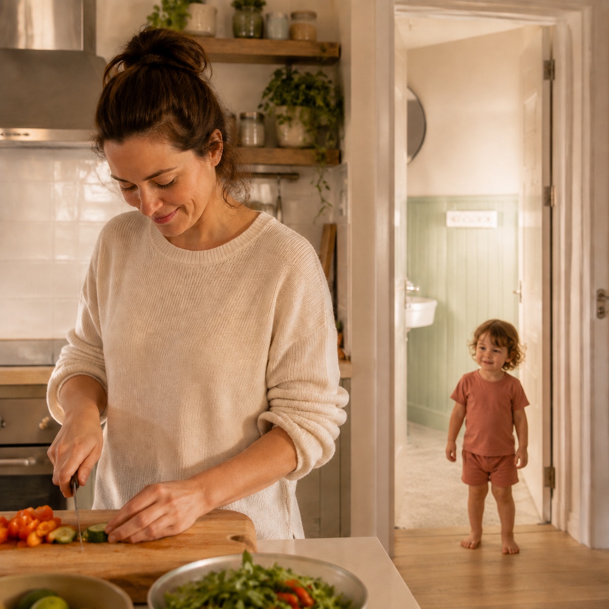 Parent preparing a meal while a young child returns from the bathroom