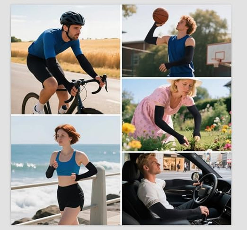 Black arm sleeves shown during cycling, basketball, running, gardening and driving