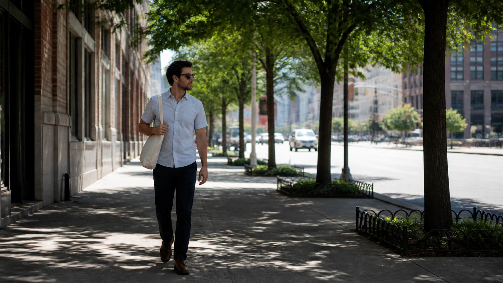 Commuter walking along a shaded city sidewalk on a hot summer day
