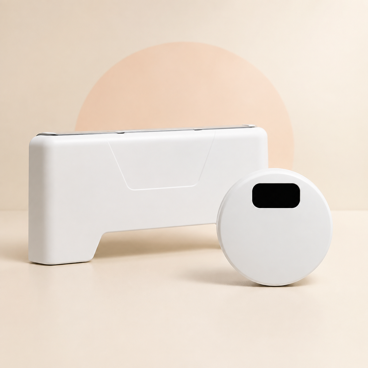 White LazyFlush rechargeable flusher and round wireless sensor included in one complete kit
