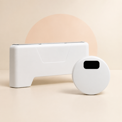 White LazyFlush rechargeable flusher and round wireless sensor included in one complete kit