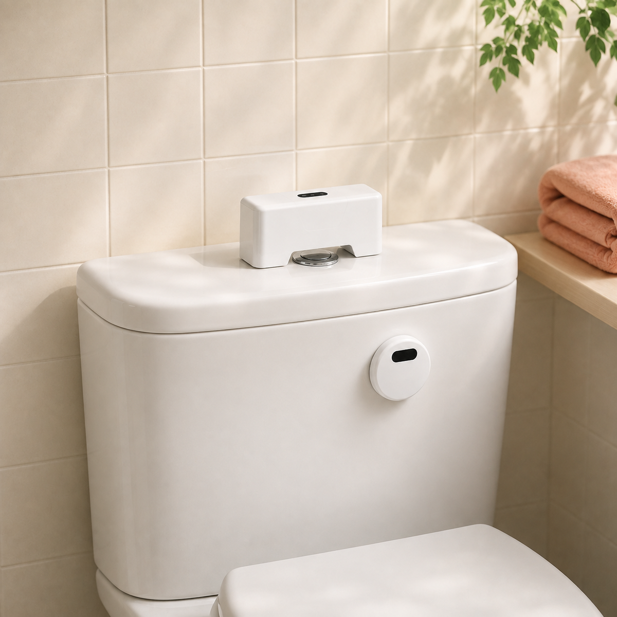 Compact LazyFlush main unit fitted over a toilet cistern button with the wireless sensor nearby