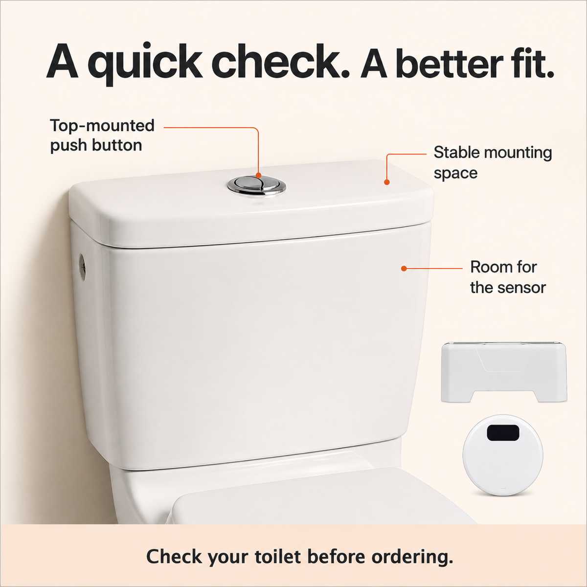 LazyFlush fit guide showing the top-mounted flush button, mounting space and sensor position
