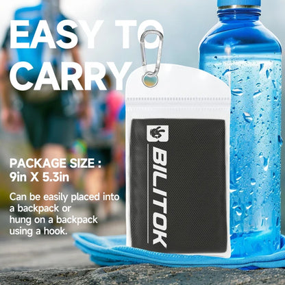 BILITOK cooling towel in a clipped zip pouch beside a water bottle