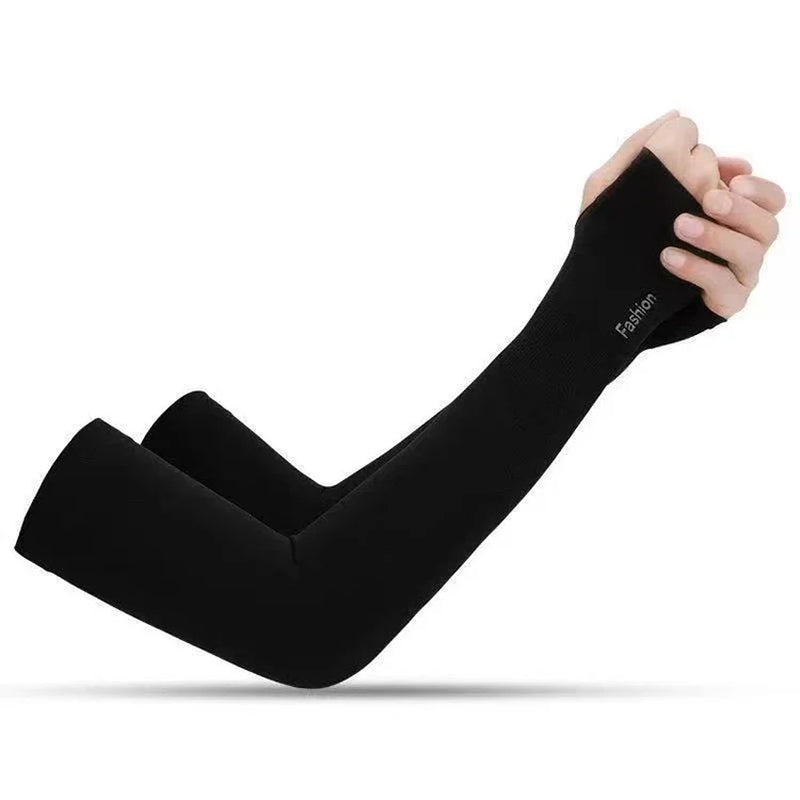 Pair of black arm sleeves with thumb openings