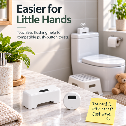 LazyFlush rechargeable toilet flusher and wireless sensor beside a push-button toilet