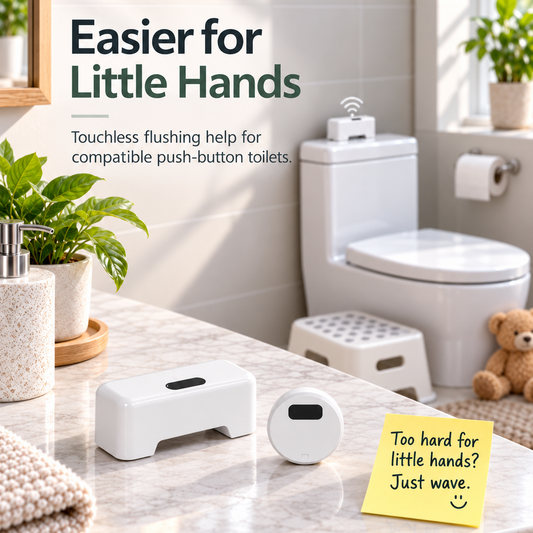 LazyFlush rechargeable toilet flusher and wireless sensor beside a push-button toilet