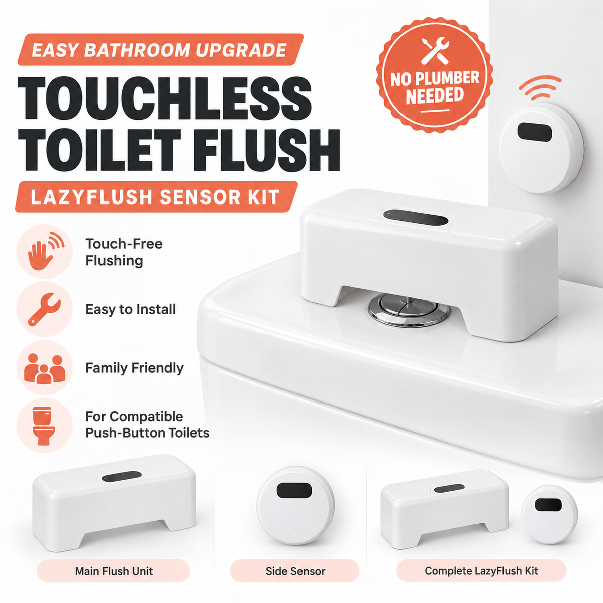 LazyFlush kit overview showing the main flush unit, separate wireless sensor and compatible push-button toilet