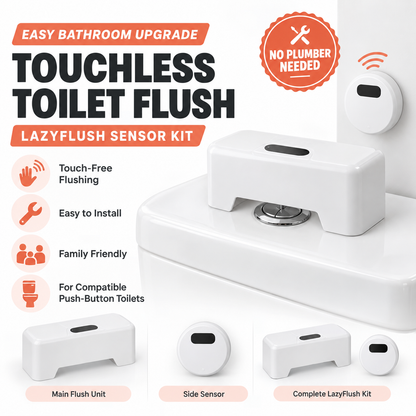 LazyFlush kit overview showing the main flush unit, separate wireless sensor and compatible push-button toilet