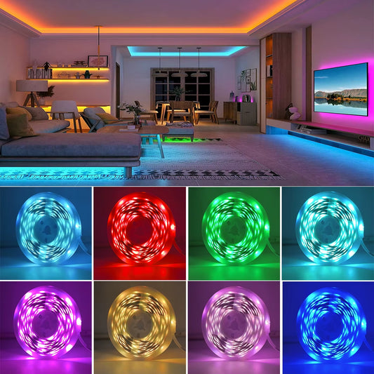RGB LED strip lights shown in a living room and multiple colours