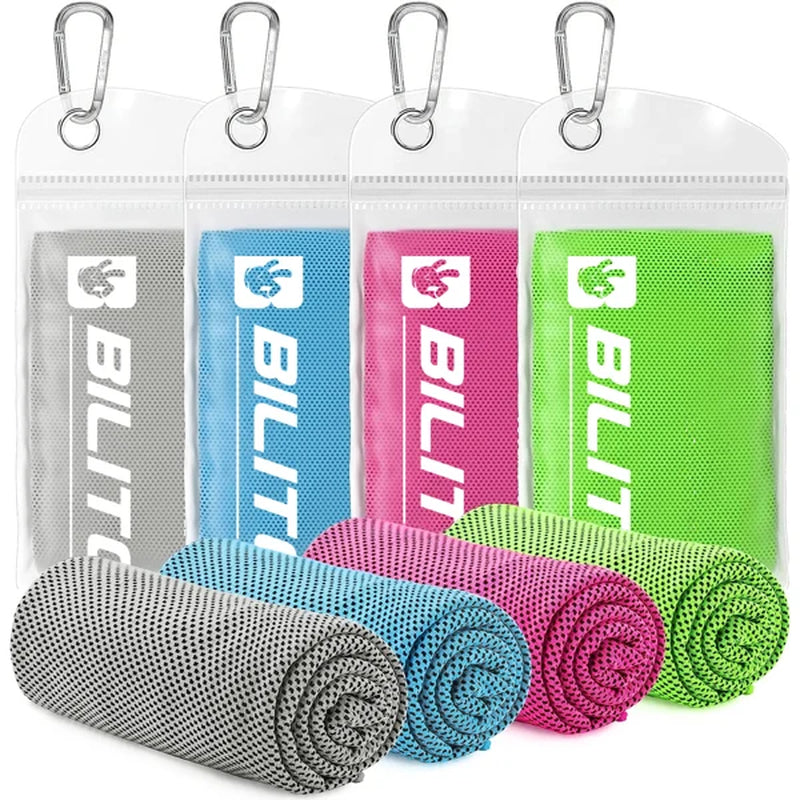 Four BILITOK cooling towels in grey, blue, pink and green with zip pouches