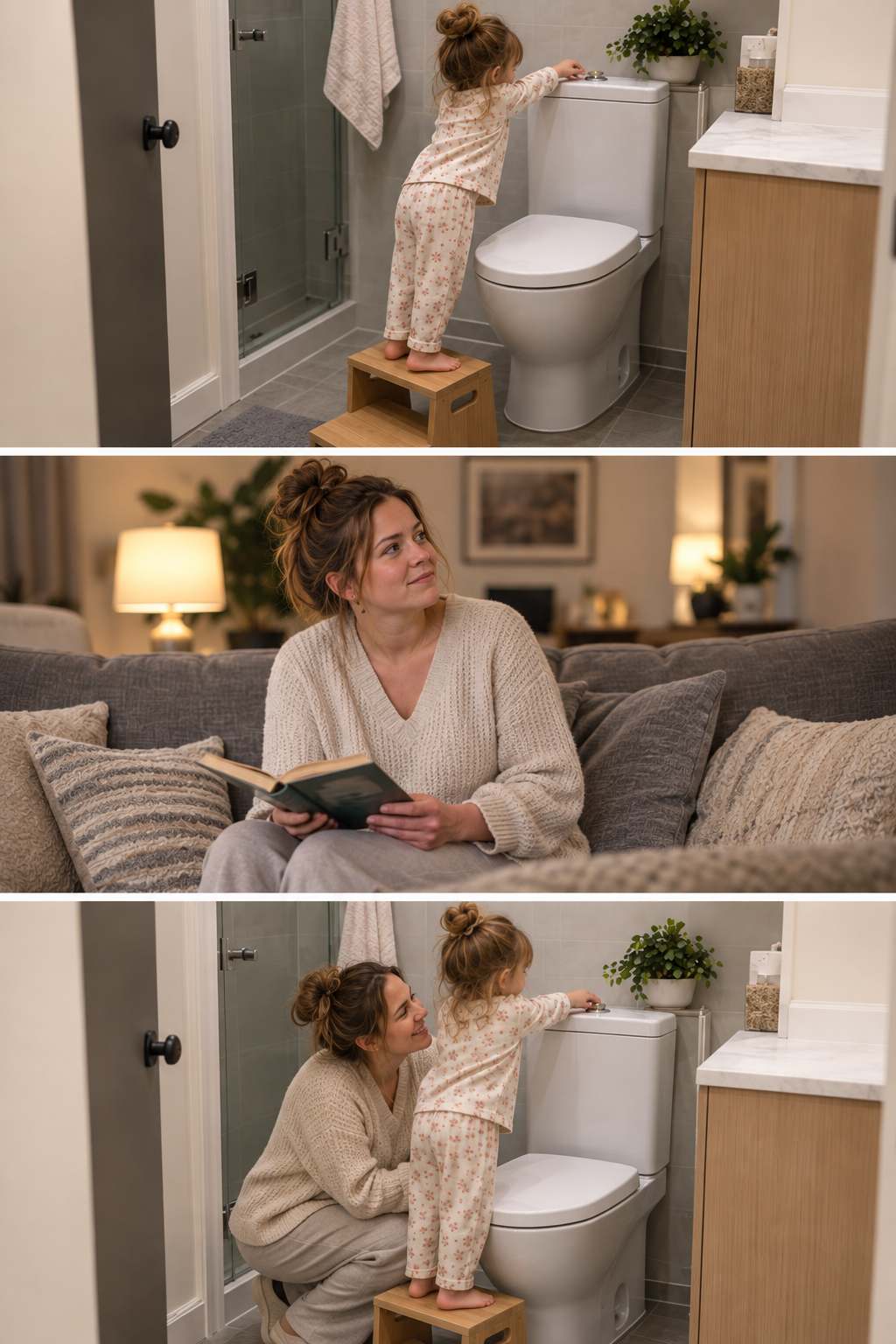 Story sequence showing a child asking a parent for help with a toilet flush button